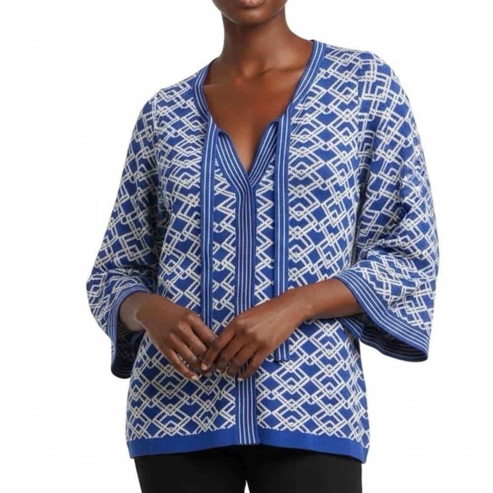 Tracy Reese Geometric Diamond Knit Tie Front Bell Sleeve Top Blue Cream Size L